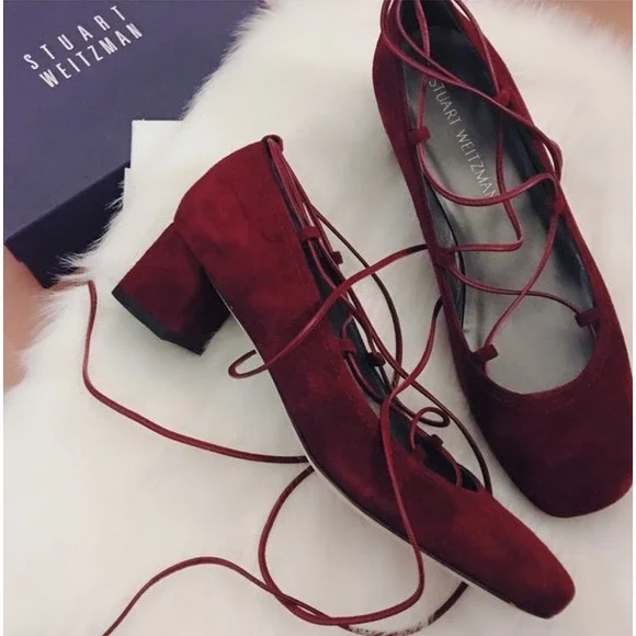 Stuart Weitzman Wine Burgundy Cordon Ballerina Lace Up Suede Pumps Size 4
